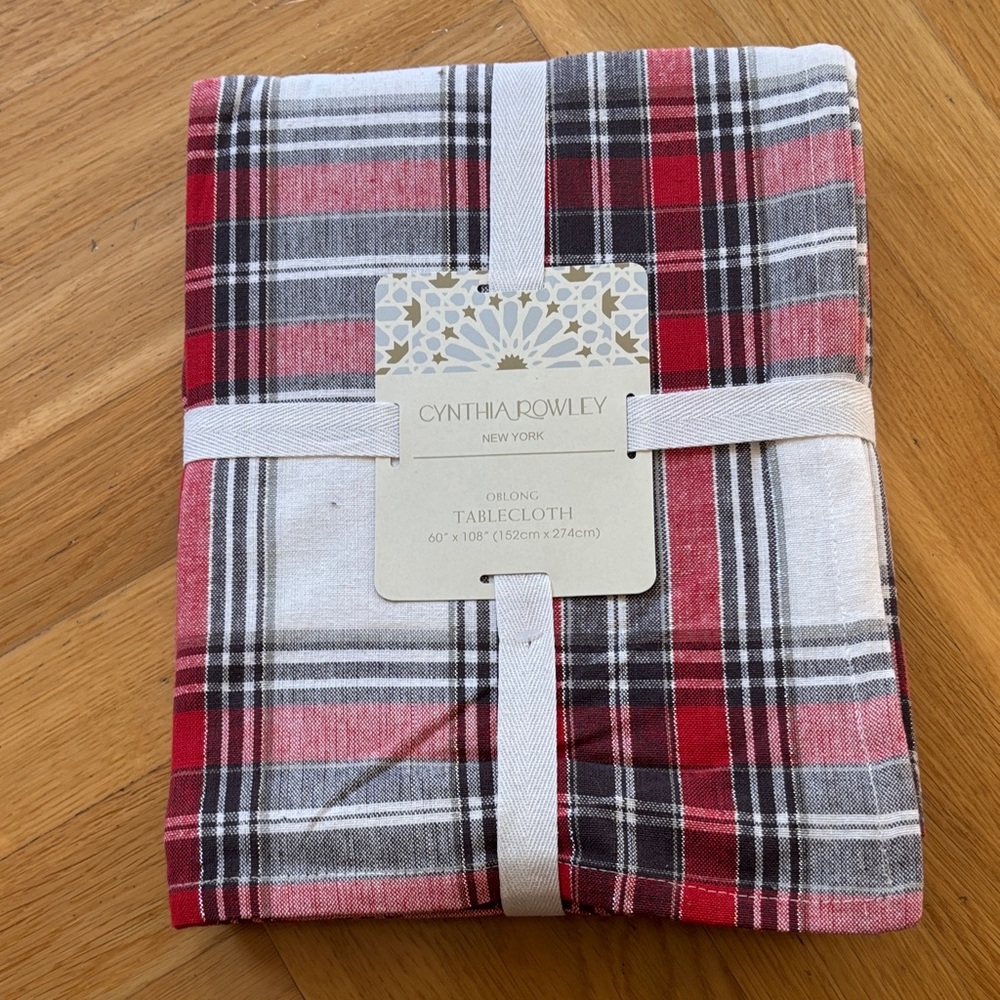 Cynthia Rowley Red and Gray Plaid Tablecloth, 60x108, new!